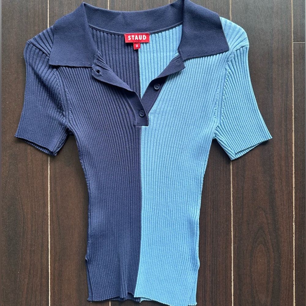 STAUD Two-Tone Ribbed Polo Blouse - Navy and Light Blue